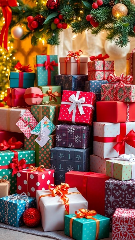 A colorful display of wrapped holiday gifts with lights and decorations.